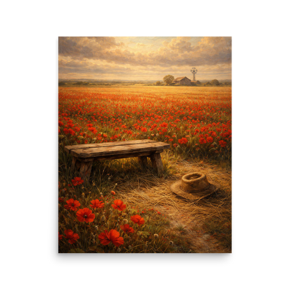 Poppy Field poster featuring a rustic bench, straw hat, and a vast field of red poppies beneath a glowing countryside sky, inspired by The Deadly Poppy Field, original Visual Poetry artwork.