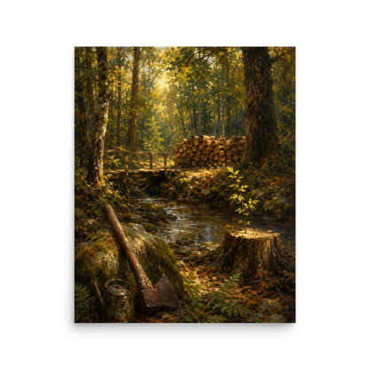 Forest Clearing poster featuring a woodland stream, rustic bridge, axe, stacked firewood, and a young sapling growing from a tree stump, inspired by Follow the Yellow Brick Road, original Visual Poetry artwork.