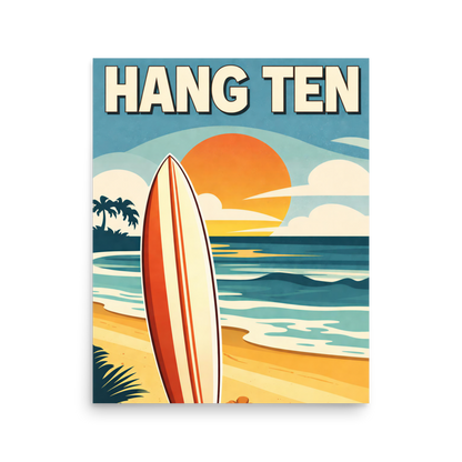 Hang Ten vintage surf poster with surfboard and California sunset beach scene