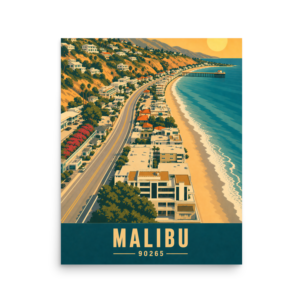 Aerial Malibu Pacific Coast Highway sunset poster with 90265 zip code