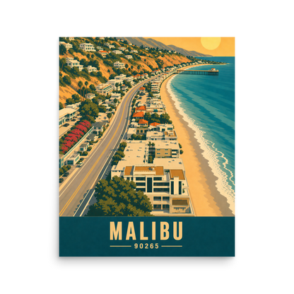 Aerial Malibu Pacific Coast Highway sunset poster with 90265 zip code