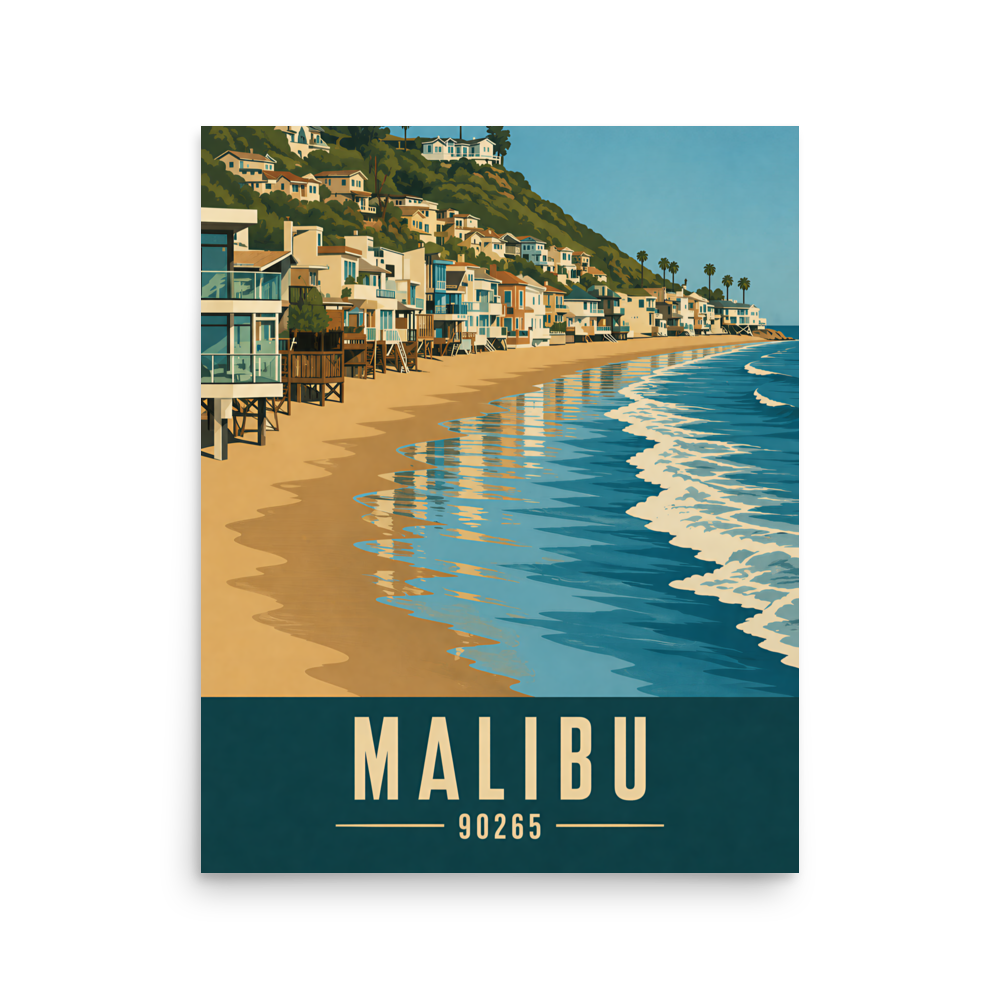 Malibu beach house coastal poster with 90265 zip code, beachfront wall art