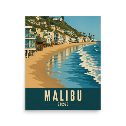 Malibu beach house coastal poster with 90265 zip code, beachfront wall art