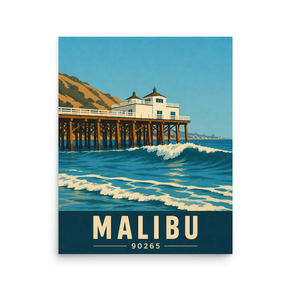 Malibu oceanfront pier and waves poster with 90265 zip code