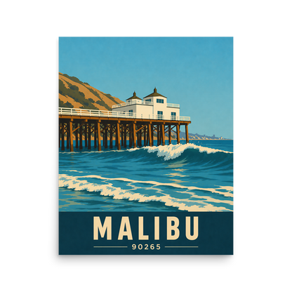 Malibu oceanfront pier and waves poster with 90265 zip code