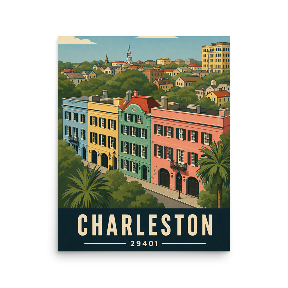 Rainbow Row Charleston historic homes poster with 29401 zip code