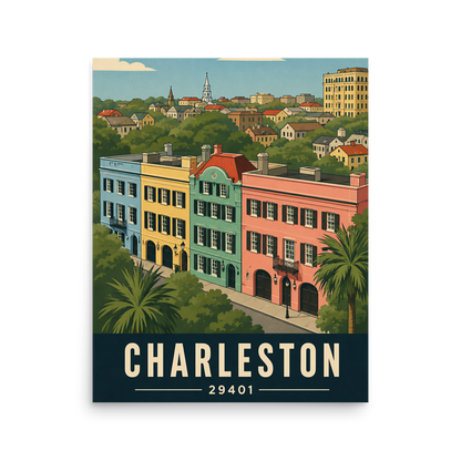 Rainbow Row Charleston historic homes poster with 29401 zip code