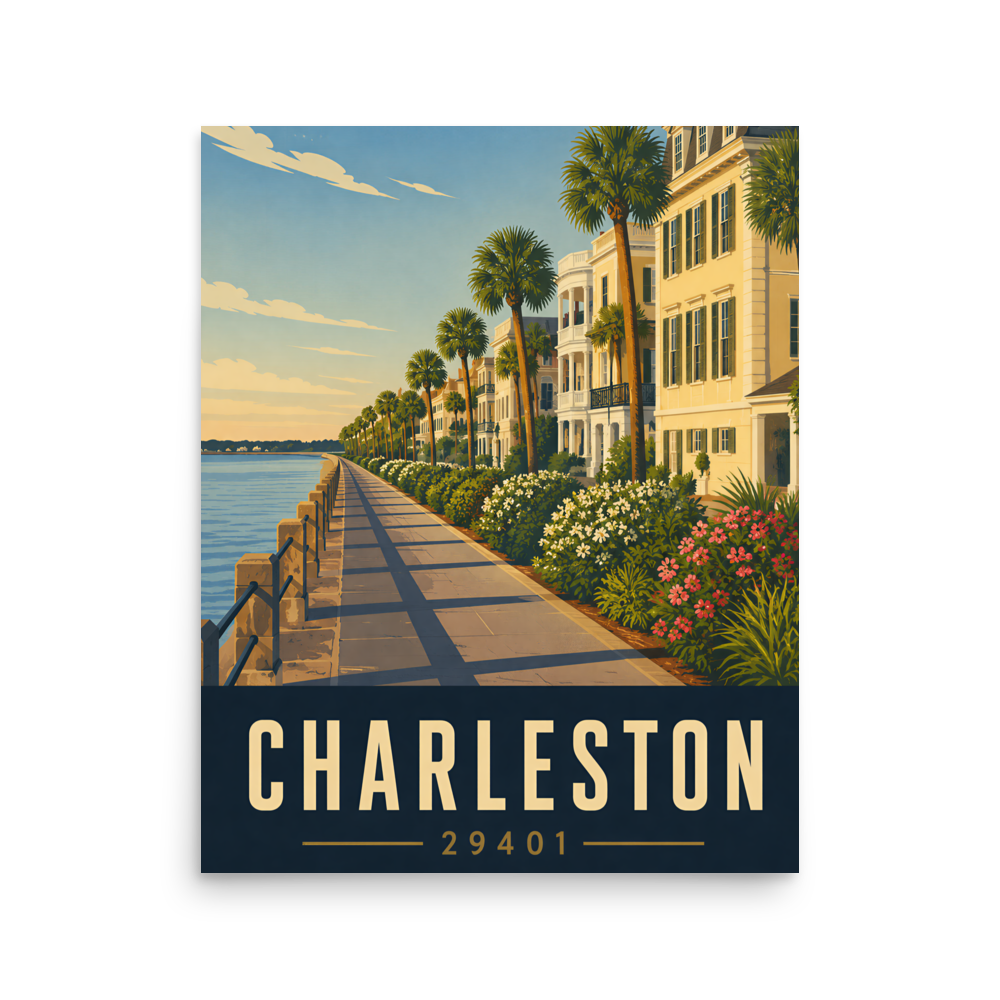 Charleston The Battery waterfront promenade poster with 29401 zip code