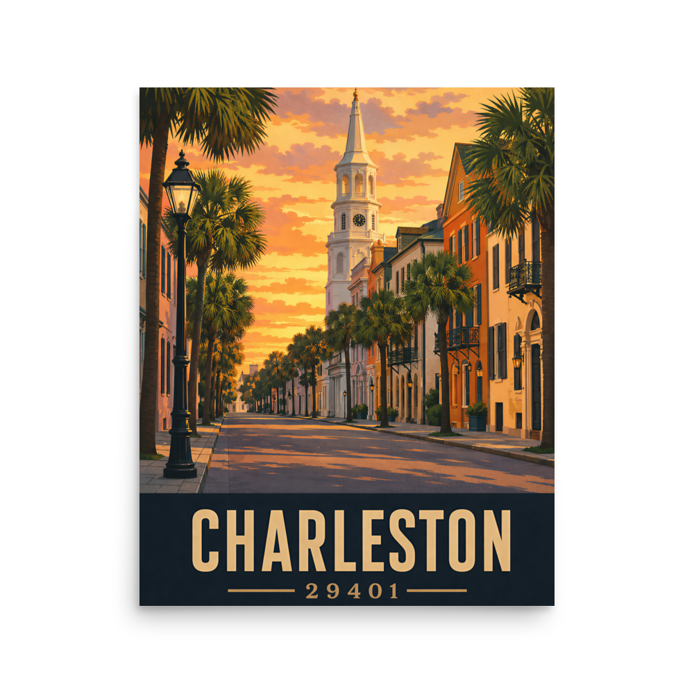 Charleston St. Michael's Church steeple sunset poster with 29401 zip code