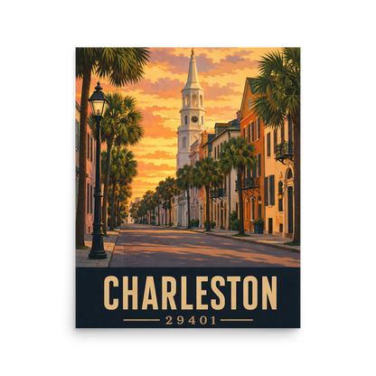 Charleston St. Michael's Church steeple sunset poster with 29401 zip code