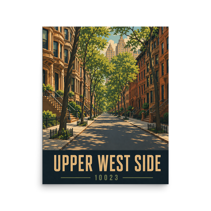Upper West Side brownstone street poster with 10023 zip code, retro NYC wall art