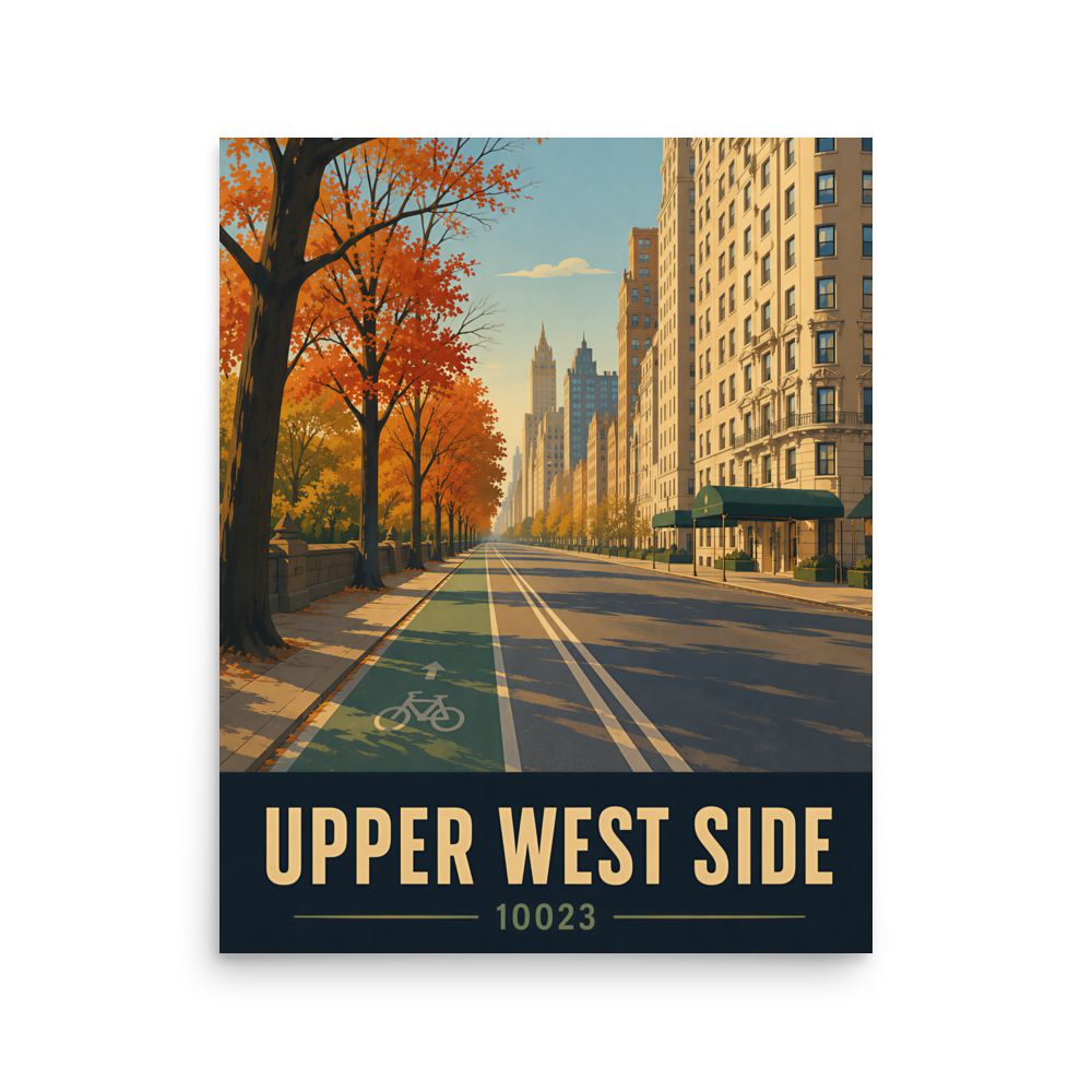 Central Park West autumn poster with 10023 zip code, retro NYC wall art