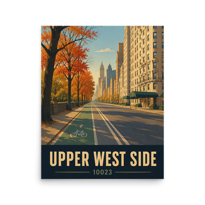 Central Park West autumn poster with 10023 zip code, retro NYC wall art