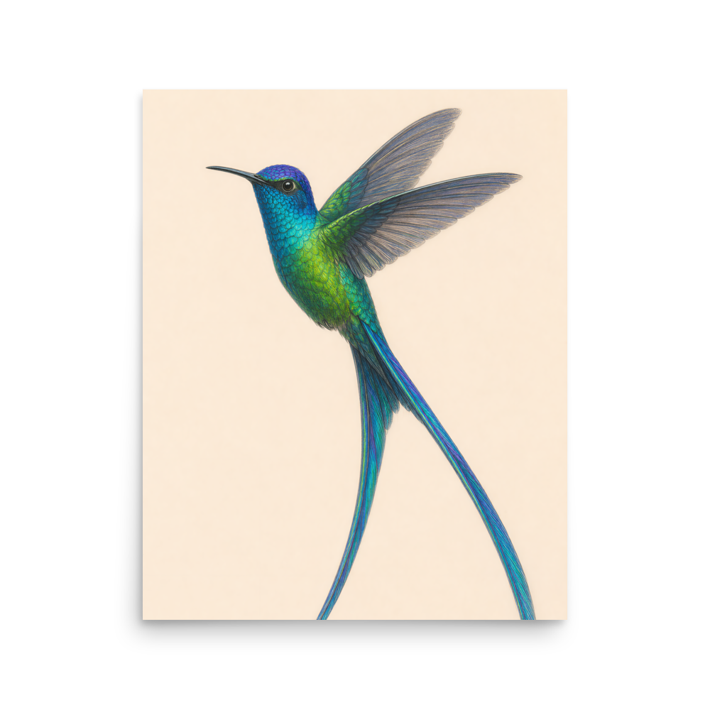 Long-tailed Sylph hummingbird colored pencil illustration print, teal iridescent plumage on warm cream background wall art