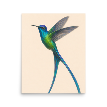 Long-tailed Sylph hummingbird colored pencil illustration print, teal iridescent plumage on warm cream background wall art