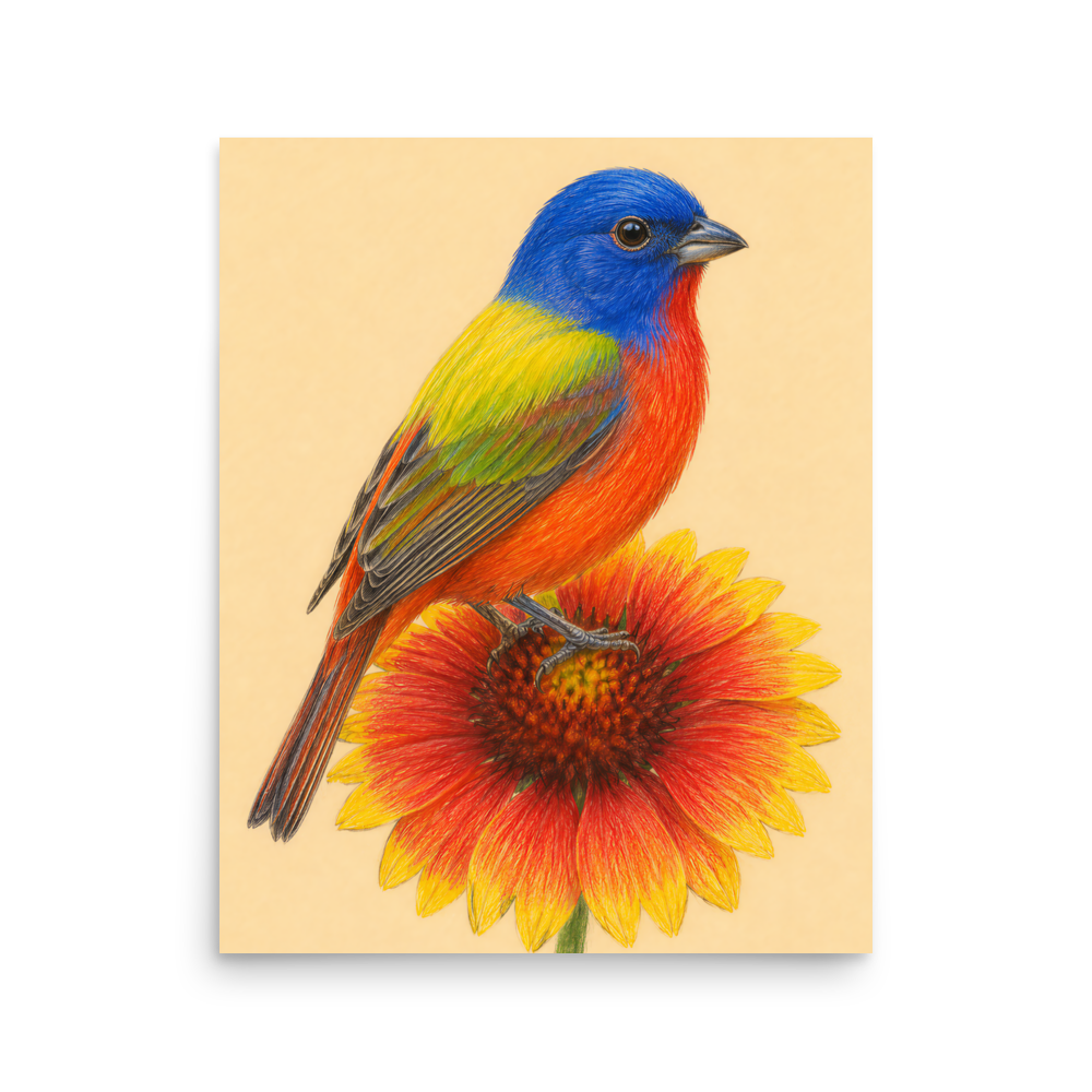 Painted Bunting colored pencil illustration on Indian Blanket flower, sandy cream background wall art