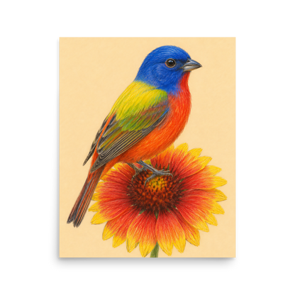 Painted Bunting colored pencil illustration on Indian Blanket flower, sandy cream background wall art