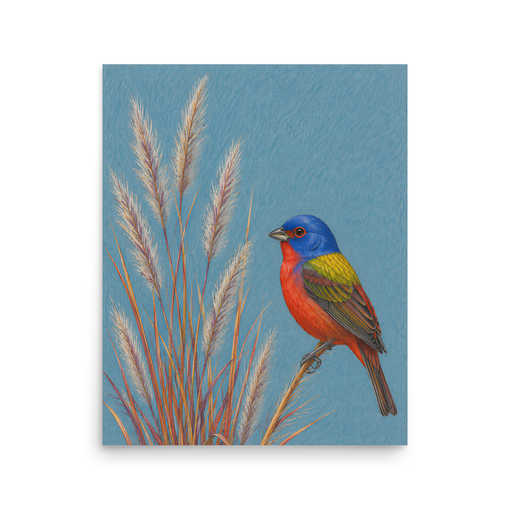 Painted Bunting colored pencil illustration in prairie grass, dusty blue background wall art
