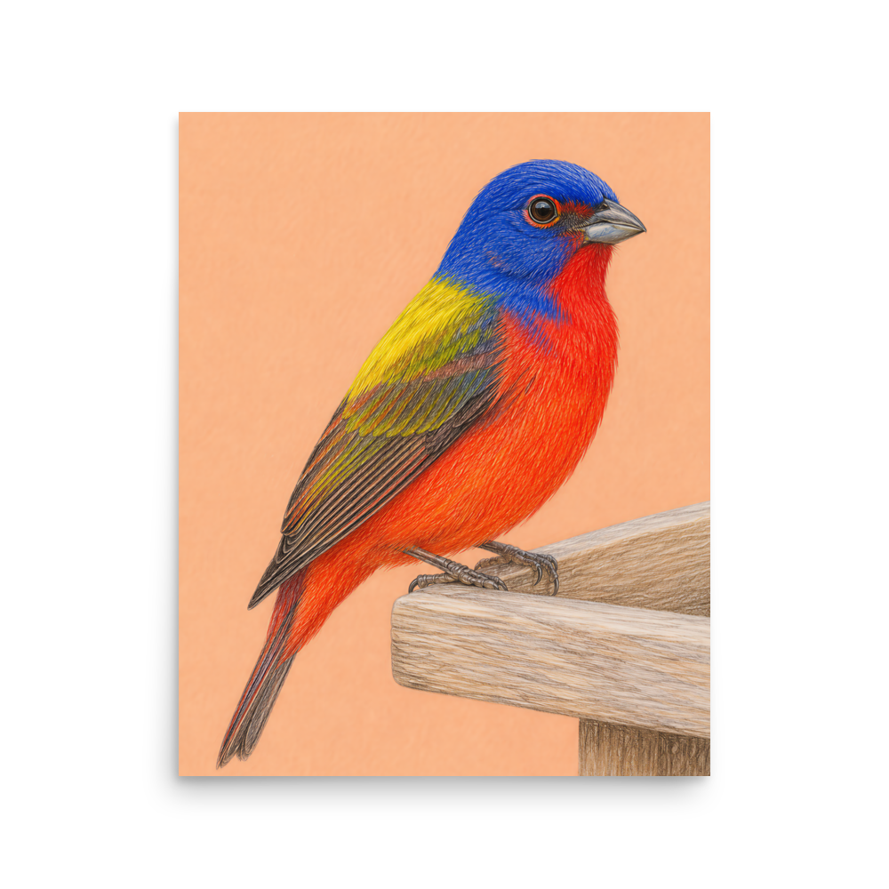 Painted Bunting colored pencil illustration on wooden feeder, apricot pastel background wall art