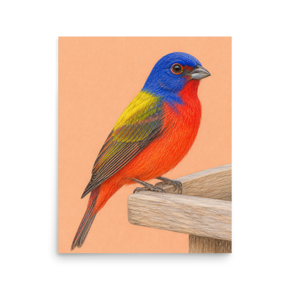 Painted Bunting colored pencil illustration on wooden feeder, apricot pastel background wall art