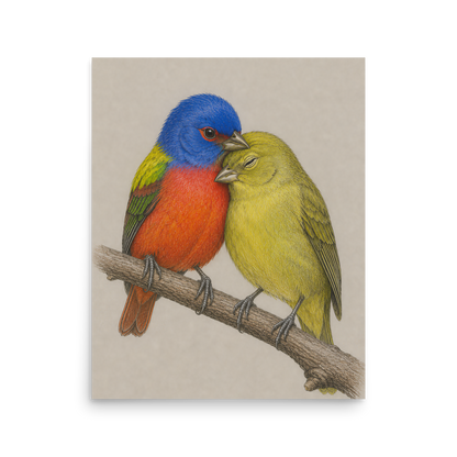 Male and female Painted Bunting pair colored pencil illustration on neutral background wall art
