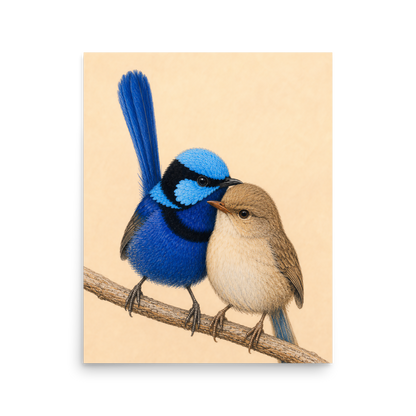 Male and female Splendid Fairywren blue wren pair colored pencil illustration on warm background