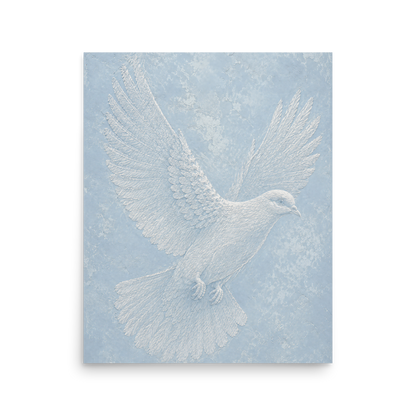 Peace dove print with embossed relief-look design on dusty blue textured background