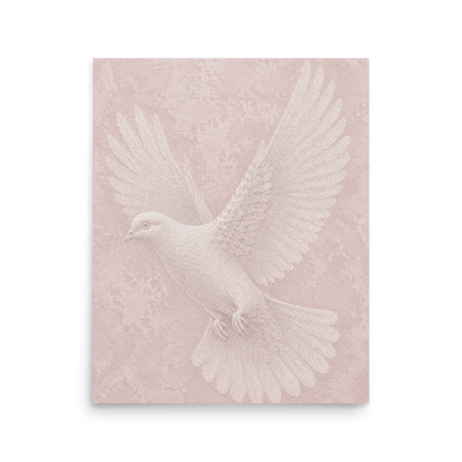 Peace dove print with embossed relief-look design on blush pink textured background