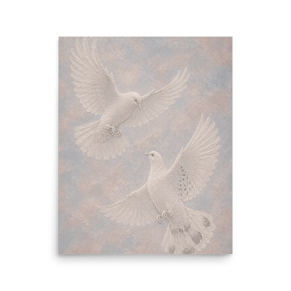 Two peace doves print with embossed relief-look design on dusty blue and blush textured background