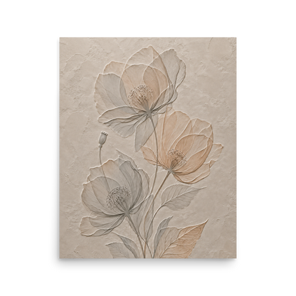 Wildflower bouquet print with embossed relief-look design on neutral beige textured background