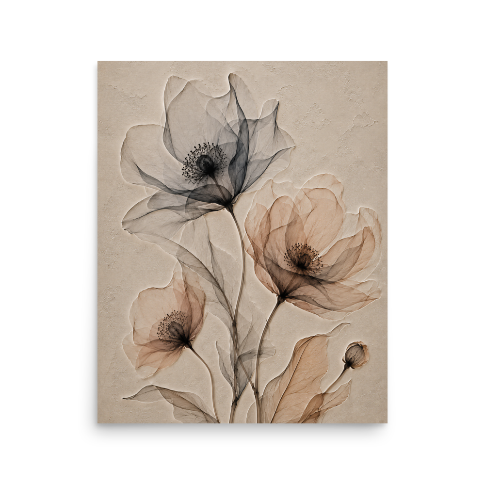 Wildflower trio print with embossed relief-look design in charcoal and clay tones on beige textured background
