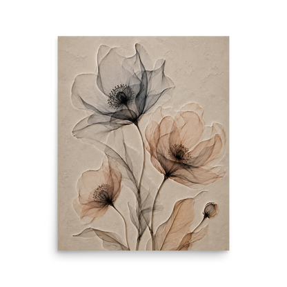 Wildflower trio print with embossed relief-look design in charcoal and clay tones on beige textured background