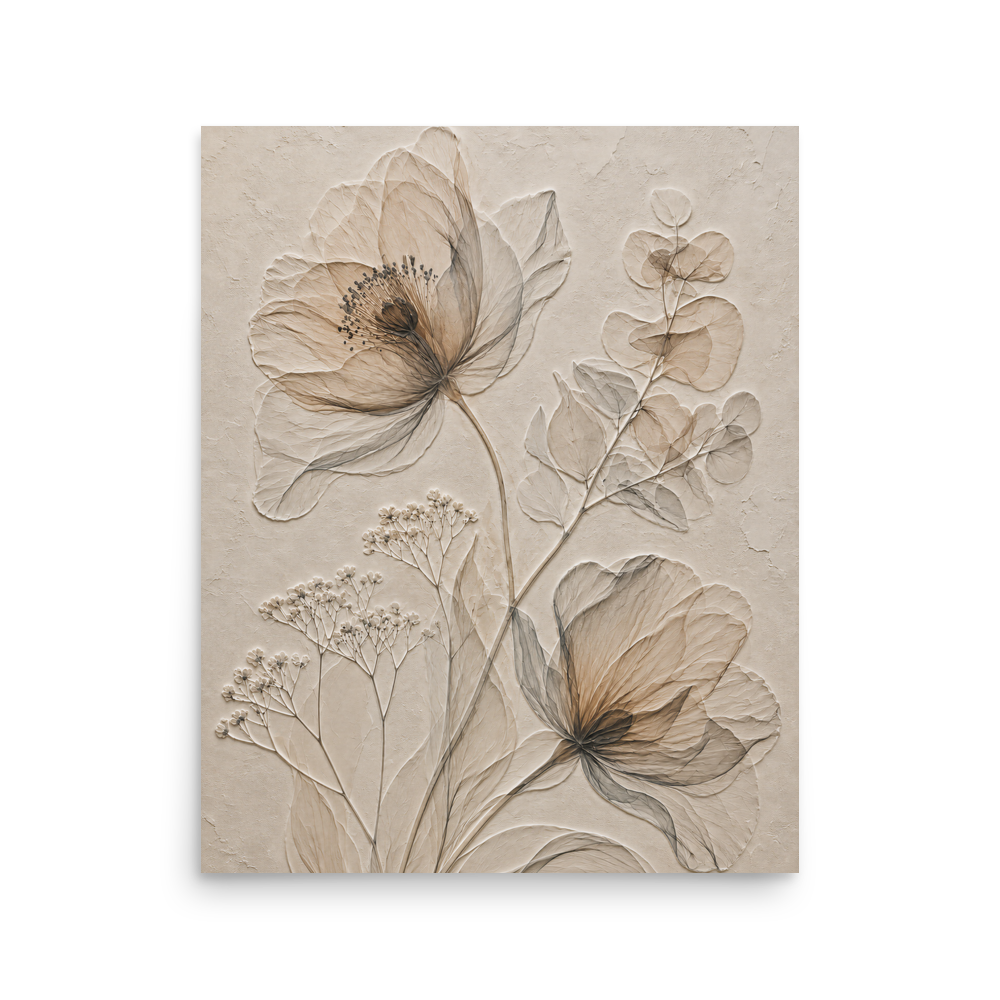 Botanical study print with embossed relief-look design in warm sepia tones on beige textured background