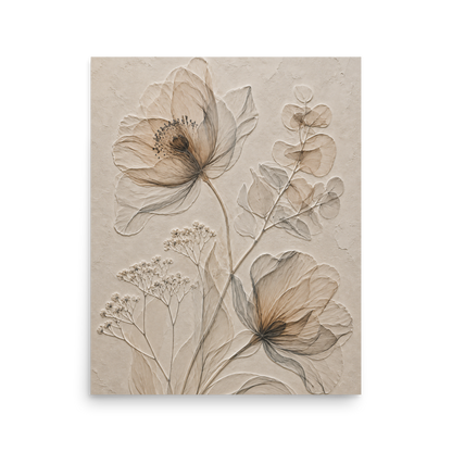 Botanical study print with embossed relief-look design in warm sepia tones on beige textured background