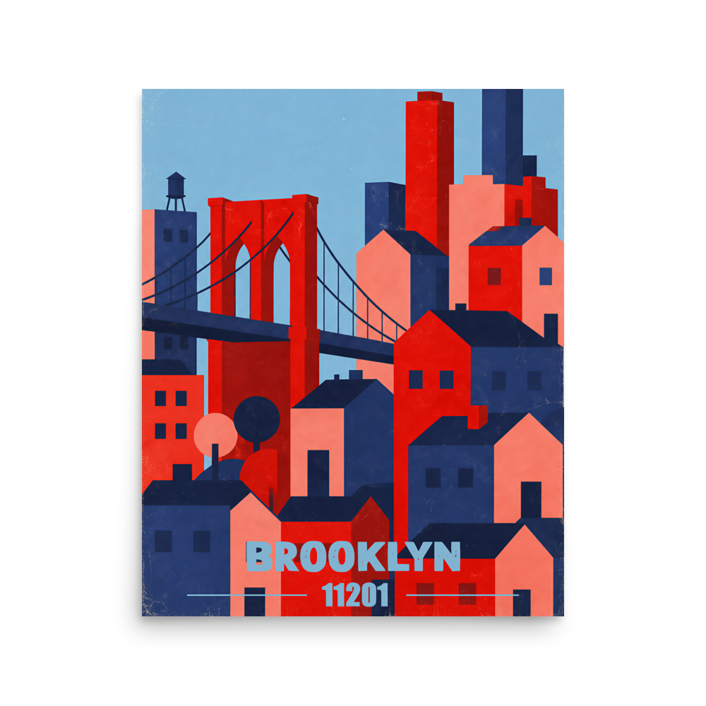 Brooklyn Bridge retro travel poster print, 11201 zip code wall art, unframed