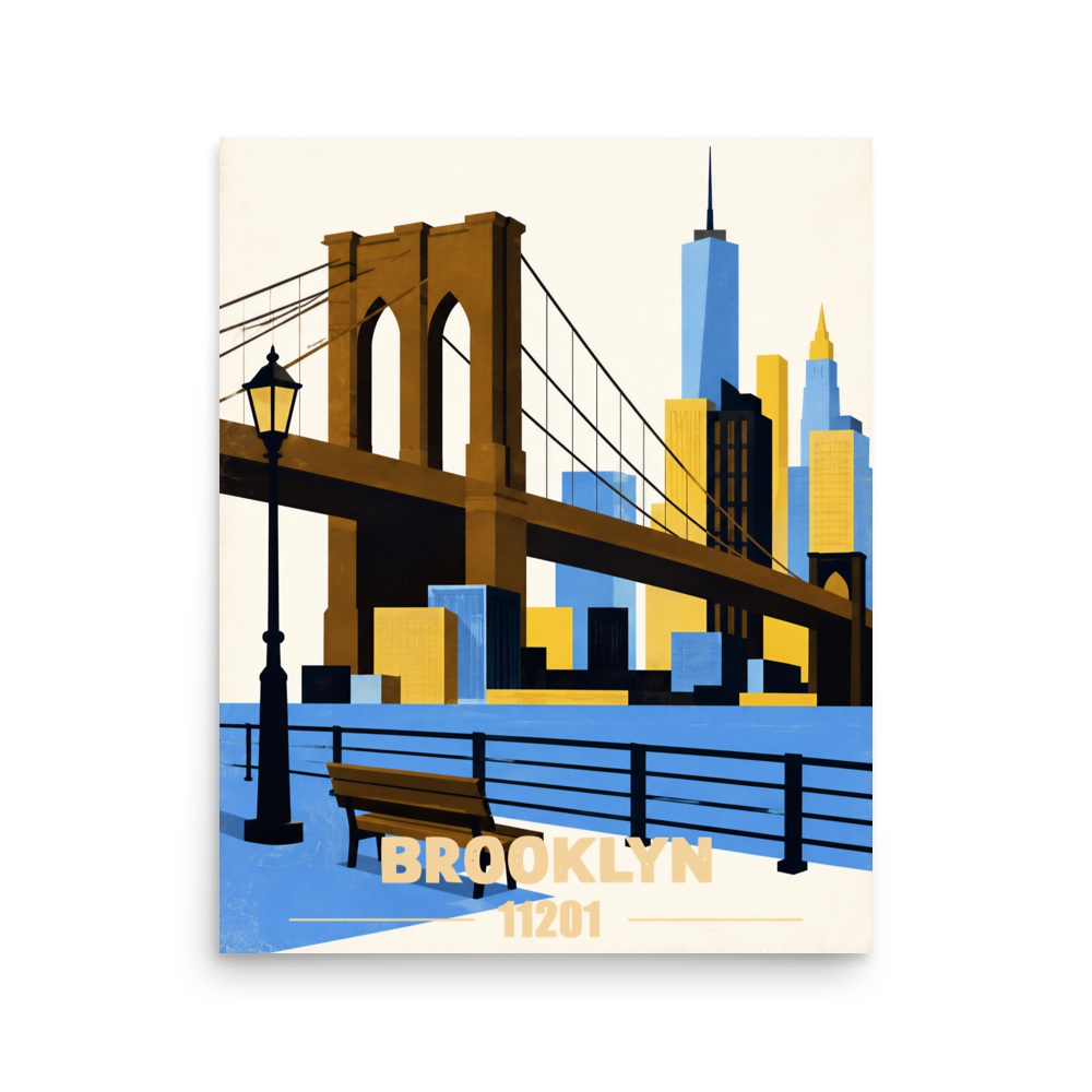 Brooklyn Heights Promenade retro travel poster print, 11201 zip code wall art, unframed