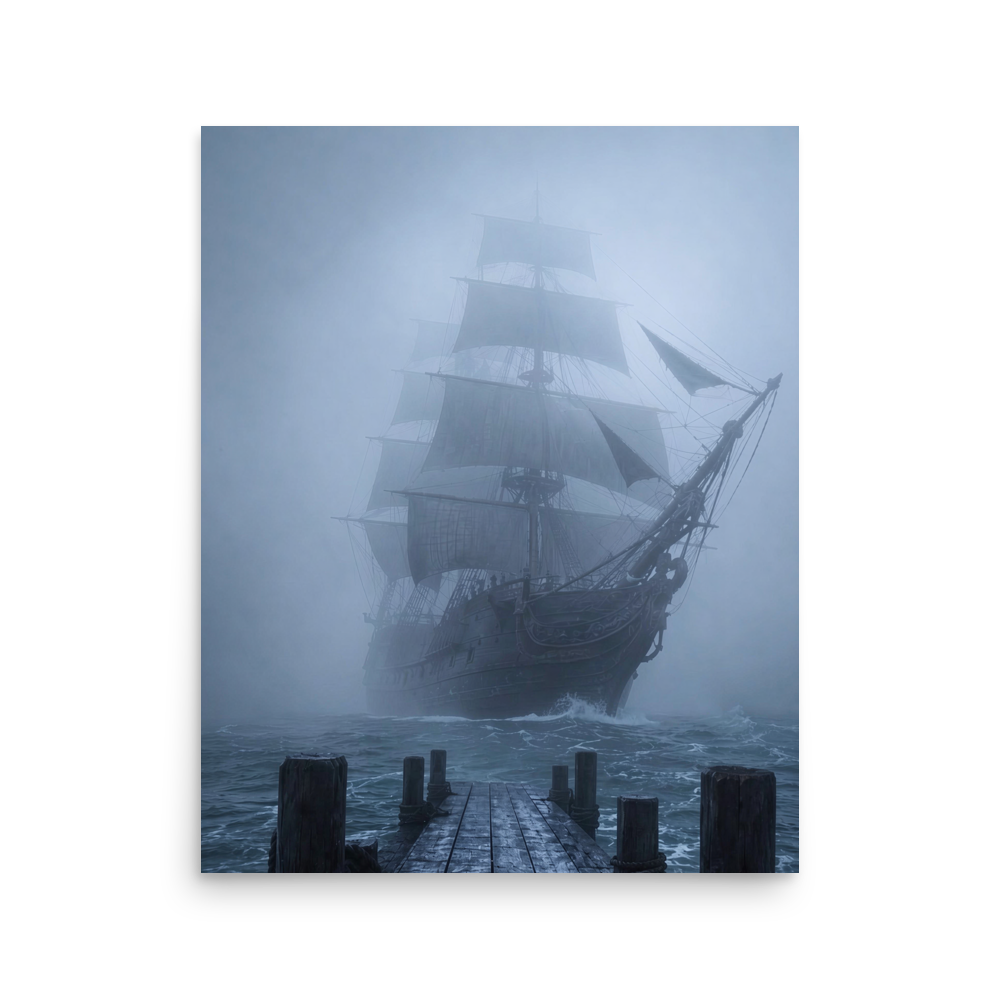 Ghost ship emerging from fog at dawn, dark moody coastal wall art print, JMTR Jeometry Store