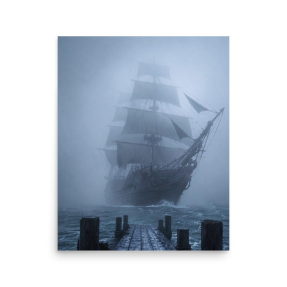 Ghost ship emerging from fog at dawn, dark moody coastal wall art print, JMTR Jeometry Store