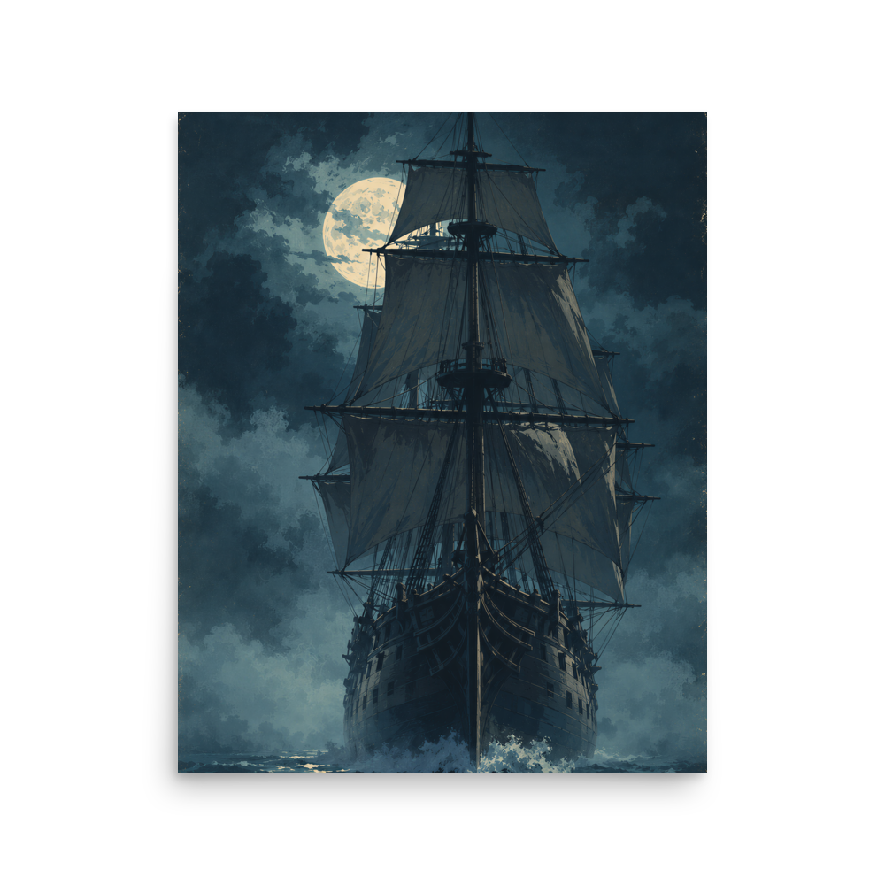 Tall ship sailing under full moon at night, vintage atmospheric nautical wall art print, JMTR Jeometry Store