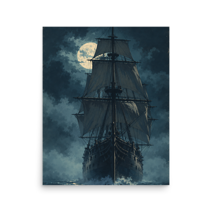 Tall ship sailing under full moon at night, vintage atmospheric nautical wall art print, JMTR Jeometry Store