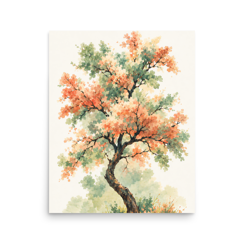 Watercolor painting of a blossoming tree with coral and sage green leaves, twisting trunk in a quiet meadow, wall art print, JMTR Jeometry Store