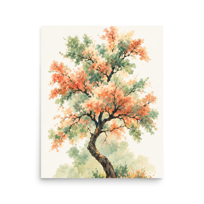 Watercolor painting of a blossoming tree with coral and sage green leaves, twisting trunk in a quiet meadow, wall art print, JMTR Jeometry Store