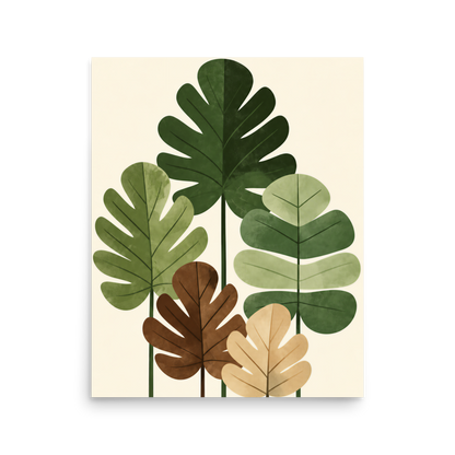 Illustrated fig leaves in shades of green, brown and gold with textured paper-like finish, botanical wall art print, JMTR Jeometry Store