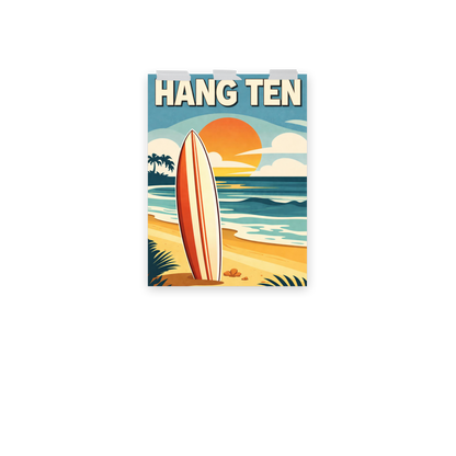 Hang Ten vintage surf poster with surfboard and California sunset beach scene