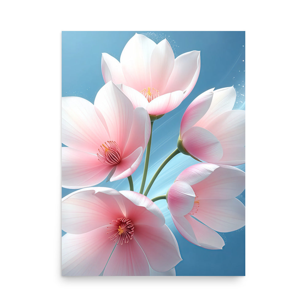 Minimalist wall poster with soft pink lotus flowers on light blue background, modern decor