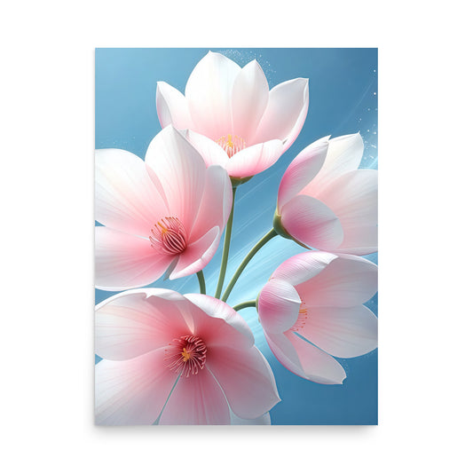 Minimalist wall poster with soft pink lotus flowers on light blue background, modern decor