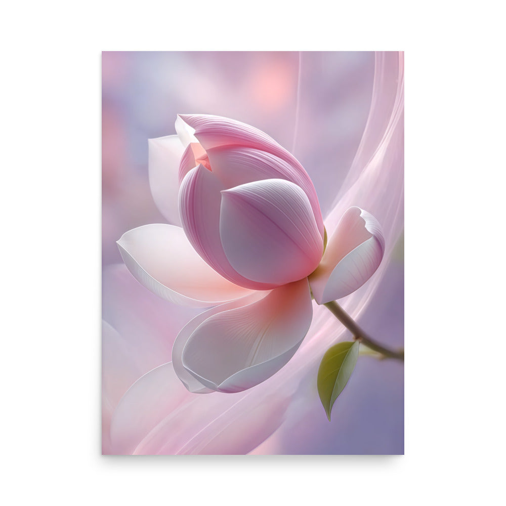 Minimalist wall poster featuring soft pink lotus bud, pastel background, modern home decor