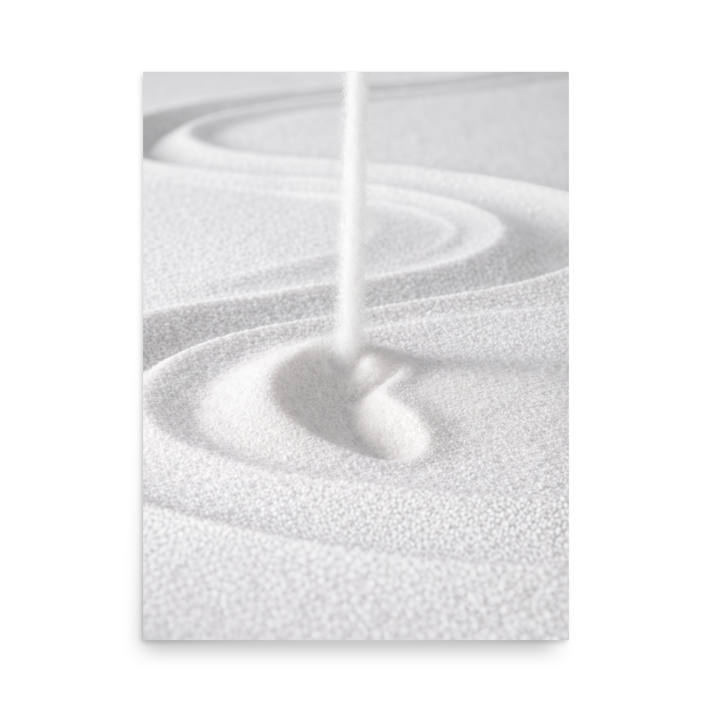 Minimalist wall poster with falling white sand creating soft curve pattern, modern decor