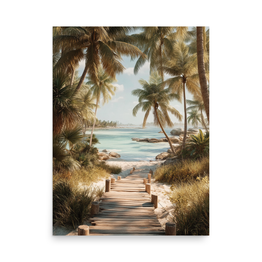 Wooden boardwalk path through tropical palm trees 
leading to calm turquoise beach, 
coastal wall art print, JMTR Jeometry Store