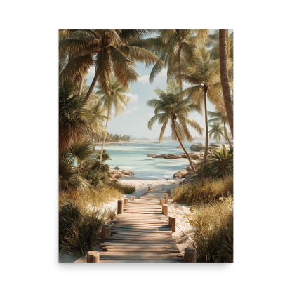Wooden boardwalk path through tropical palm trees 
leading to calm turquoise beach, 
coastal wall art print, JMTR Jeometry Store
